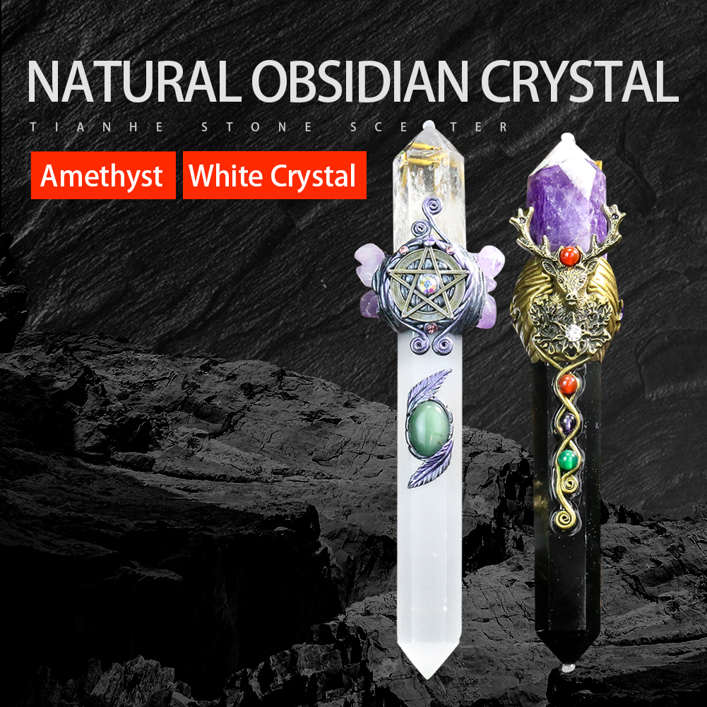 Natürlicher Obsidian-Amethyst-Pentagramm-Zauberstab, handgefertigt, magischer Zepter, glänzende Säule, Briefbeschwerer, Ornament, Film, Cosplay, Heilung – Detail 1