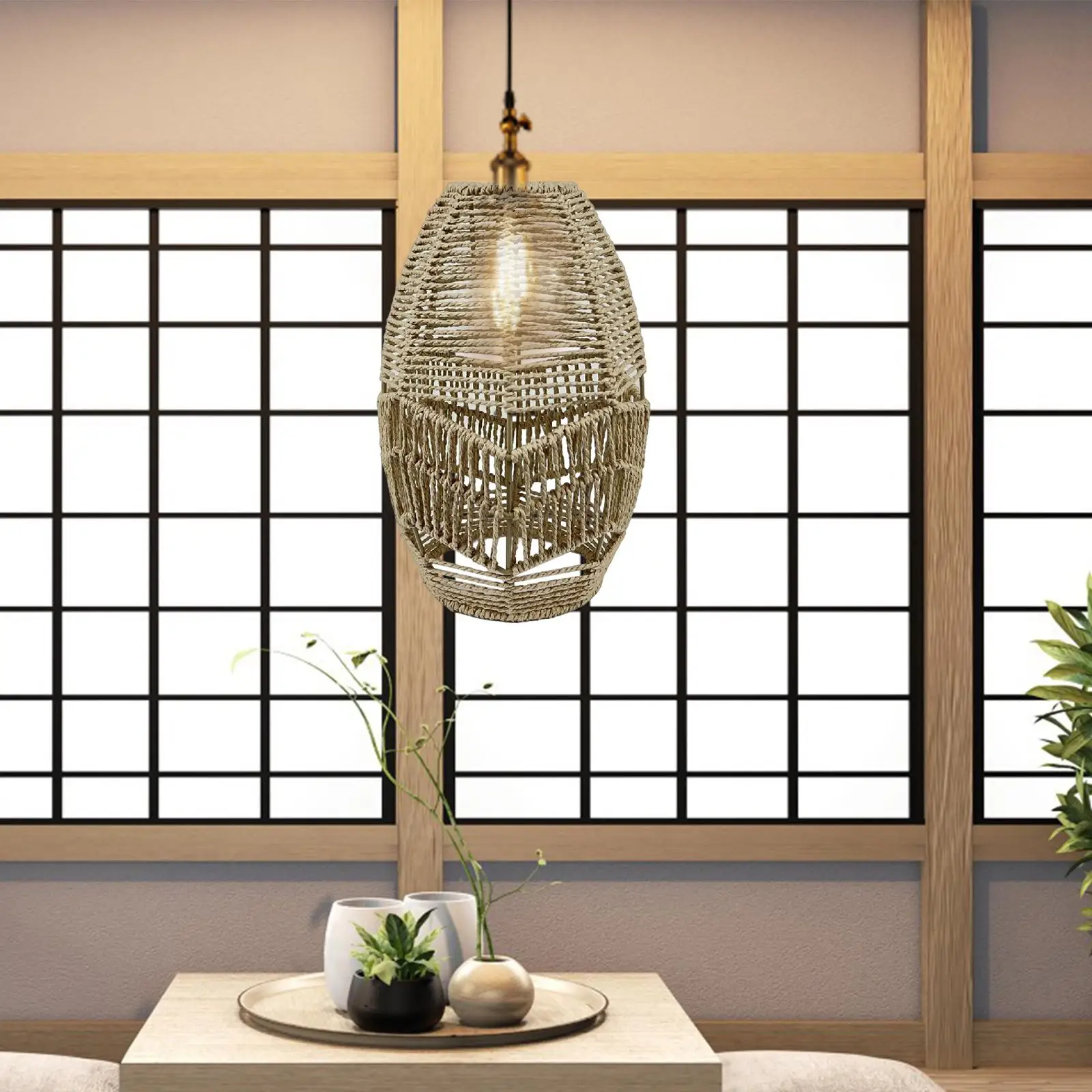 Boho Pendant Lamp Shade Decoration Rattan Handwoven Chandelier Cover for Kitchen Island Dining Room Home Living Room Restaurant