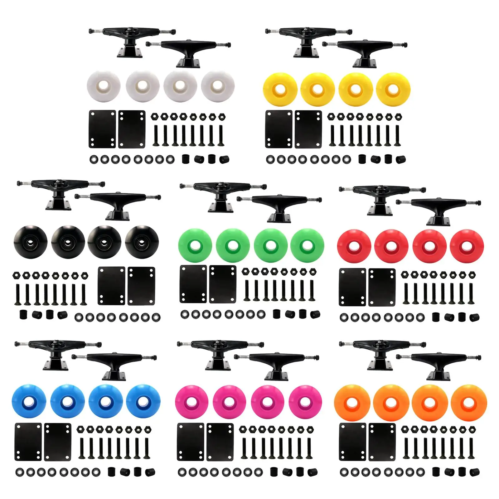 Skateboard Package 5 Inch Trucks with 52mm Wheels + Components, Aluminum Trucks 5A Hardness Bushions and 6-Hole Baseplates