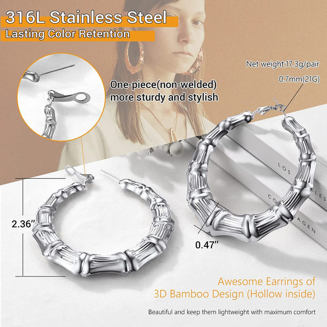 Bamboo Hoop Earrings Diameter 40mm/60mm/80mm for Women Stainless