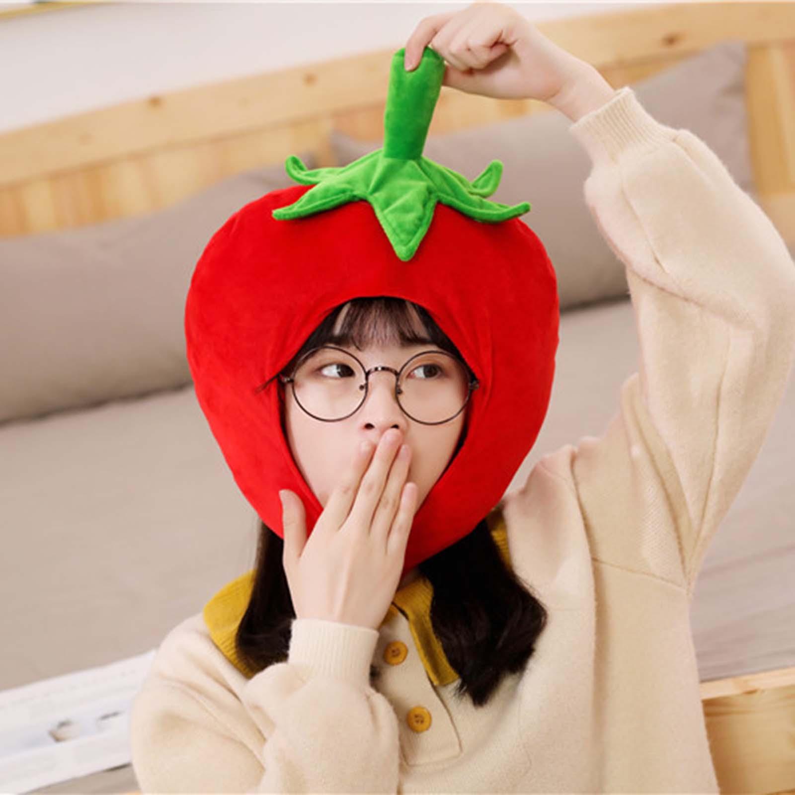 Cute Strawberry Headgear Comfortable Plush Doll Hat Adjustable Soft Head Cover Hat for Halloween Party Birthday Holiday Gifts