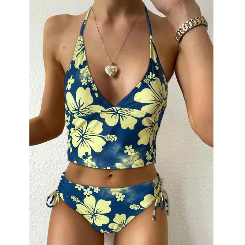 moda praia estampada, biquíni halter, com renda,