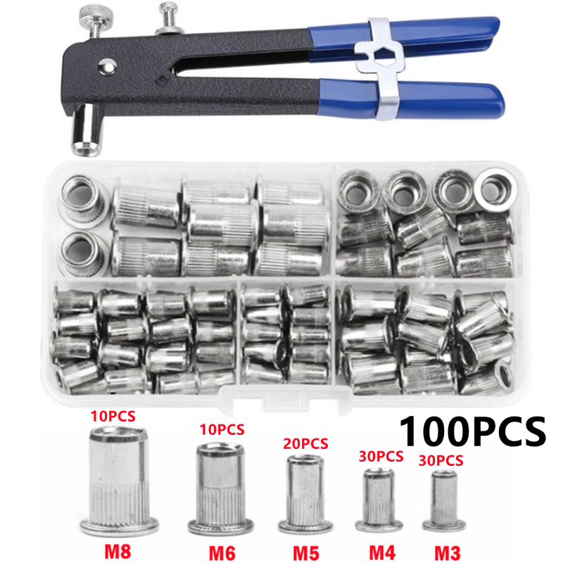 100pcs M3-M8 Aluminium legierung Flach kopf Gewinde Niete insatz Nussert Kappe Mutter Multi-Größe Niet mutter Kit Niet pistole Werkzeug – Detail 1