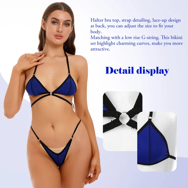 Lady Adult Sunbathing Bikini Swimsuit Mankini Swimwear Lace-up Bra Top with  Low Rise G-string Beach Pool Bathing Suit Beachwear