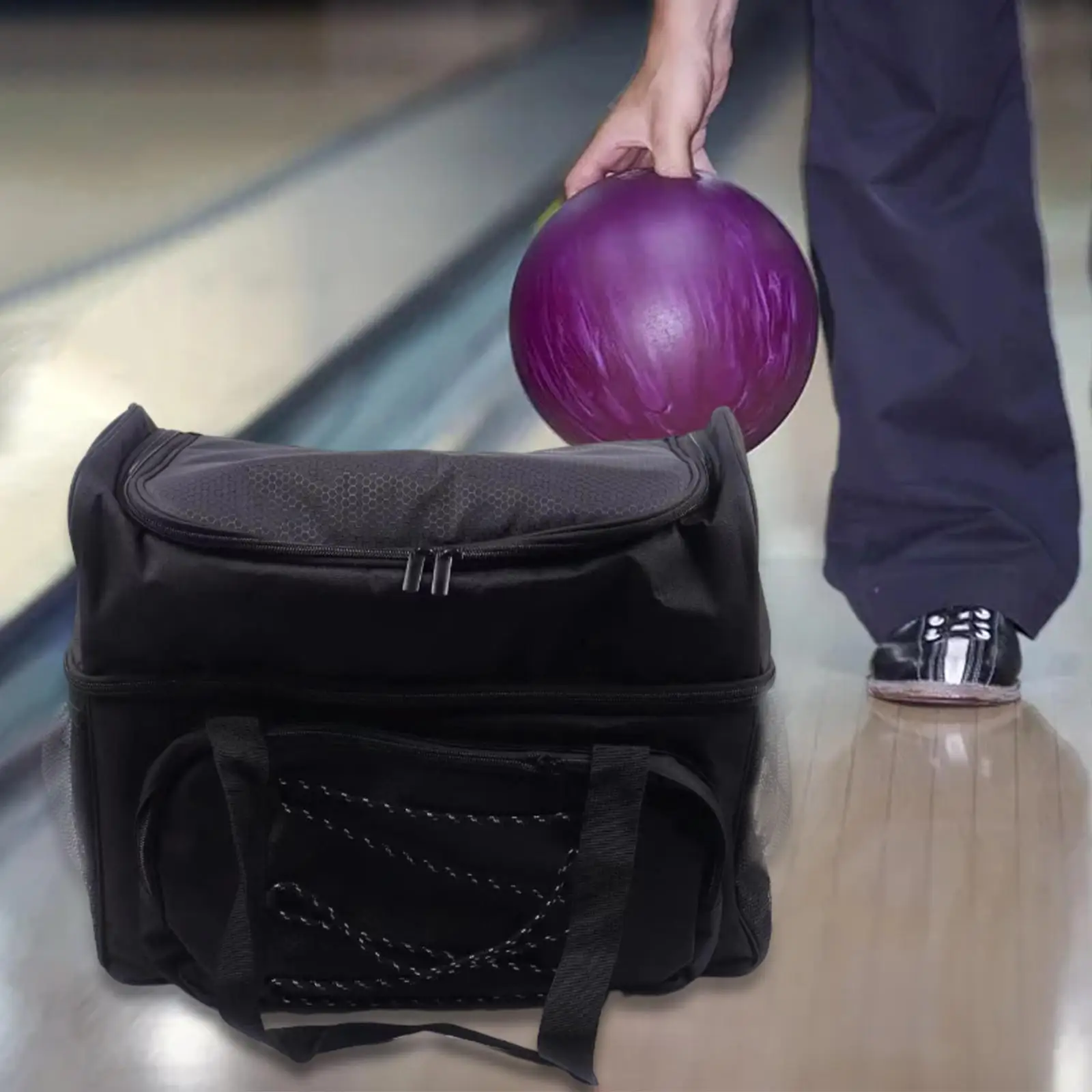 Bowling Tote Bag Portable Nylon Protective Bowling Bag for Double Balls Fits Bowling Shoes up to Mens Size 16 Bowling Accessory