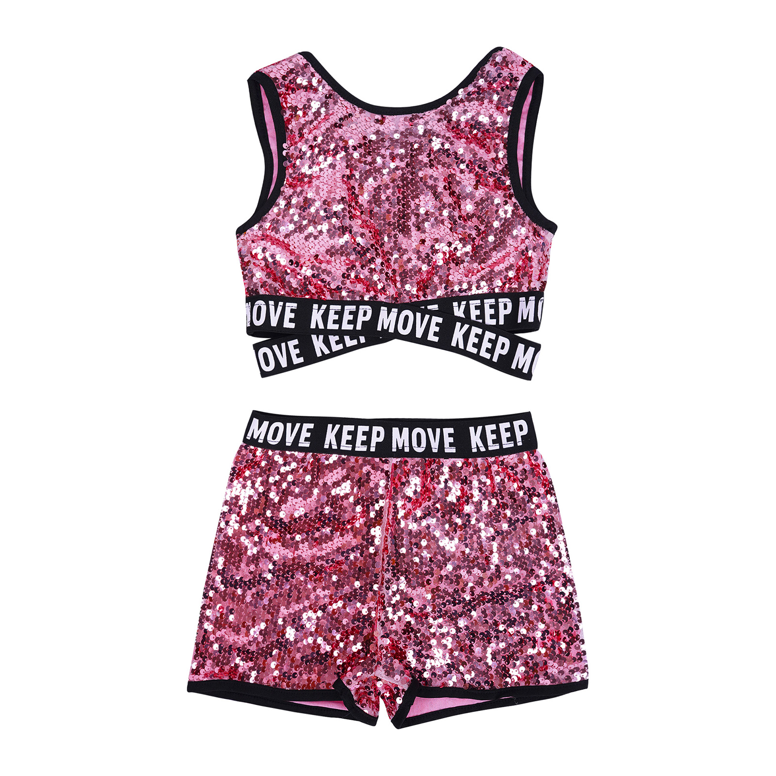 Kinder Mädchen Glänzende Pailletten Jazz Dance Outfits Ärmelloses Brief Drucken Träger Crop Top mit Shorts Bühne Performance Dancewear – Detail 25