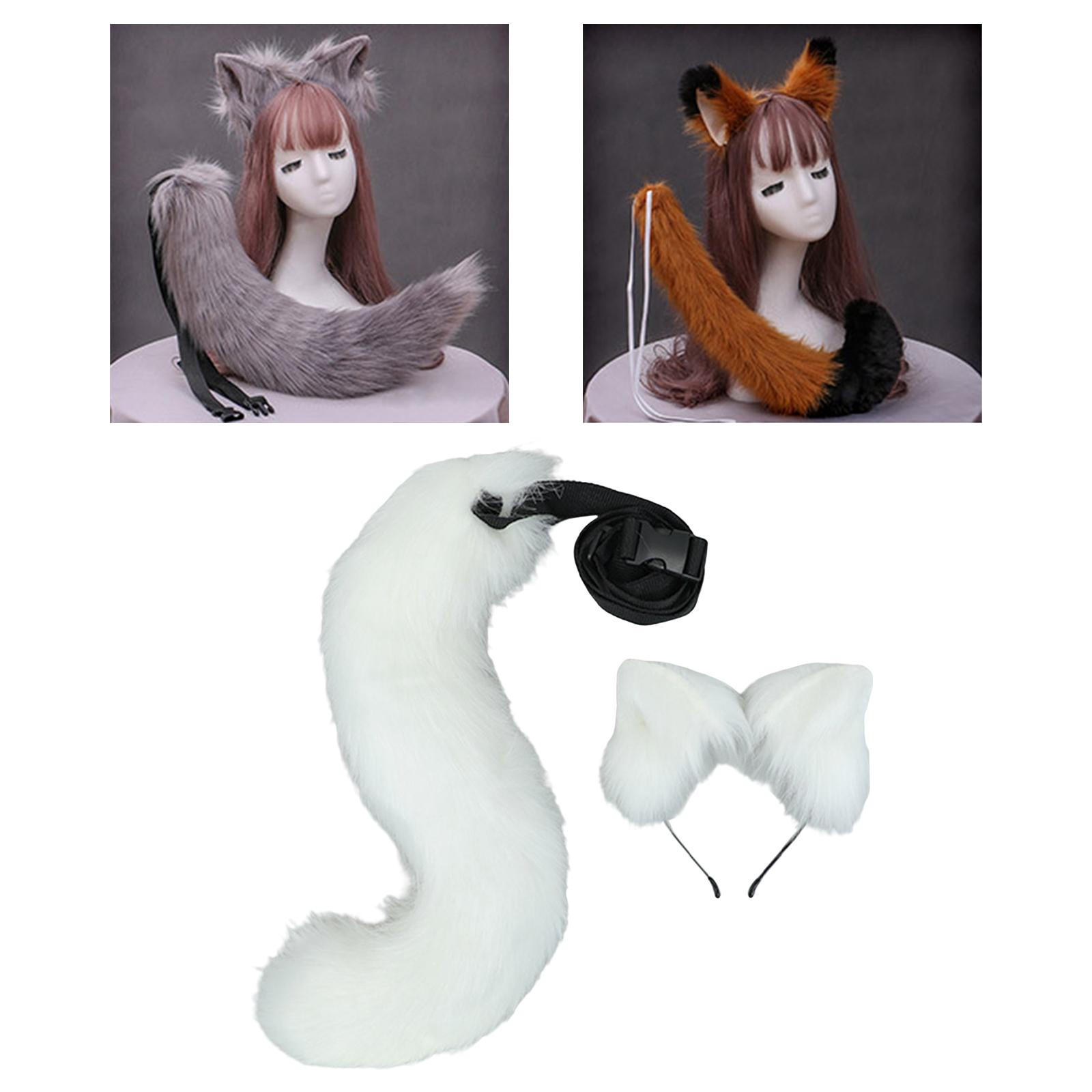 2x Faux Fur Animal Fox Ears Headband & Tail Costume Kit Anime Cosplay Plush Fox Ears and Tail Set Halloween Fancy Dress Prop