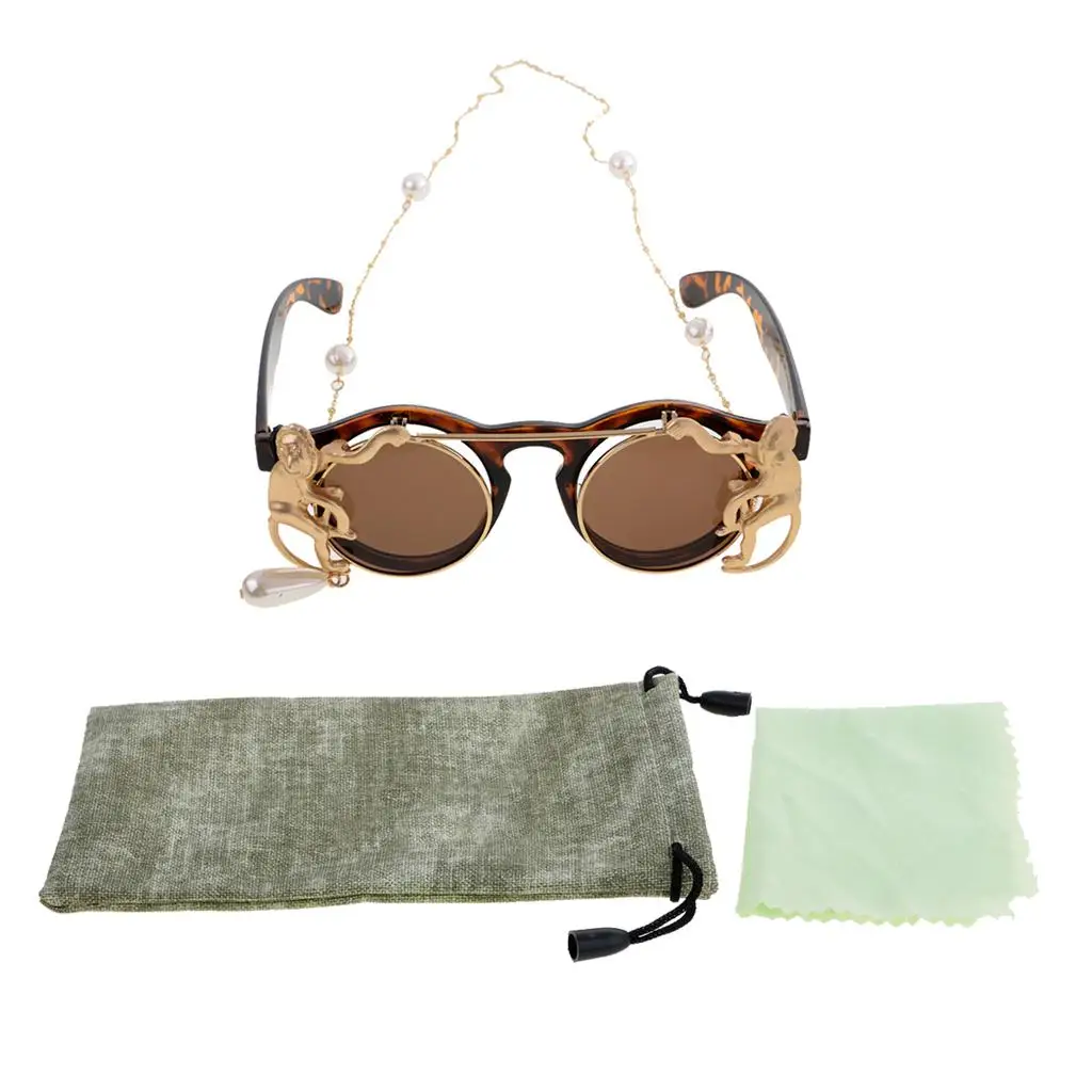 Vintage Cute Round Goggles Glasses Monkey Pearl Chain Cord Anti-slip Retro Sunglasses Travel Outdoor Activities Eyewear