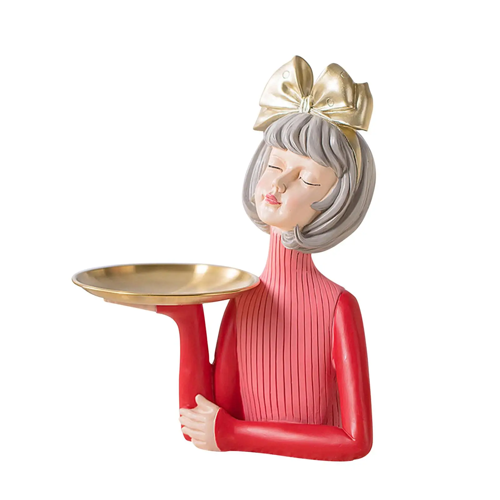 Multipurpose Girl Statue with Tray Home Decor Sculpture Resin Jewelry Storage Tray for Desk