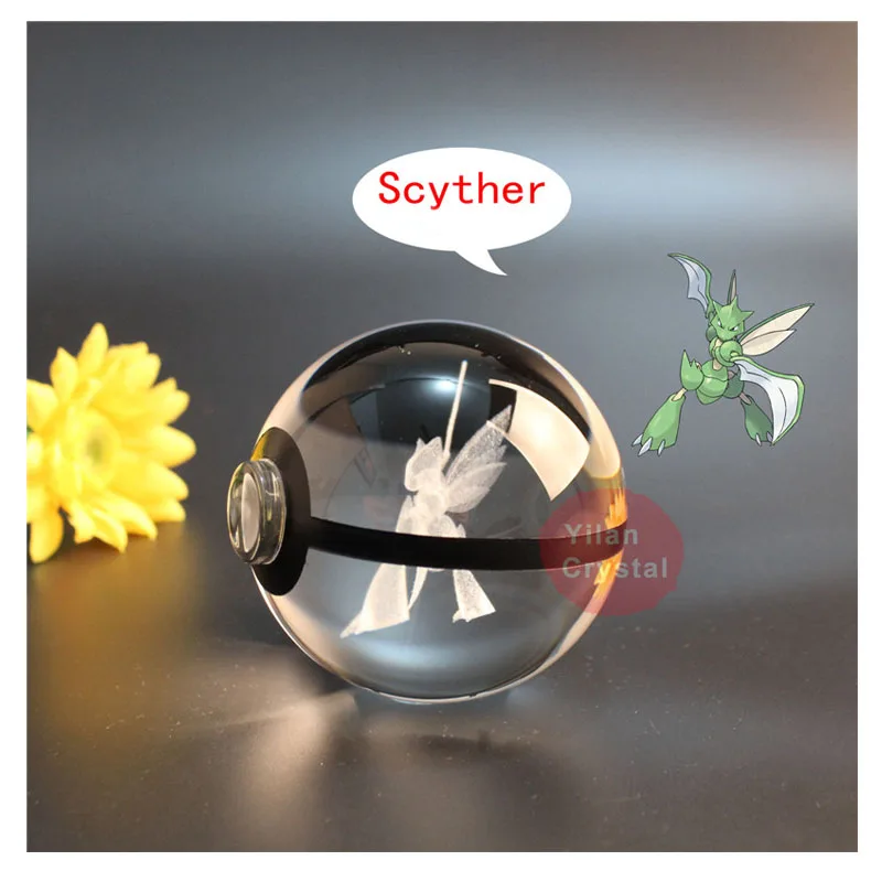Anime Pokemon Scyther 3D Crystal Ball Pokeball Anime Figures Engraving Crystal Model with LED Light Base Kids Toy ANIME GIFT