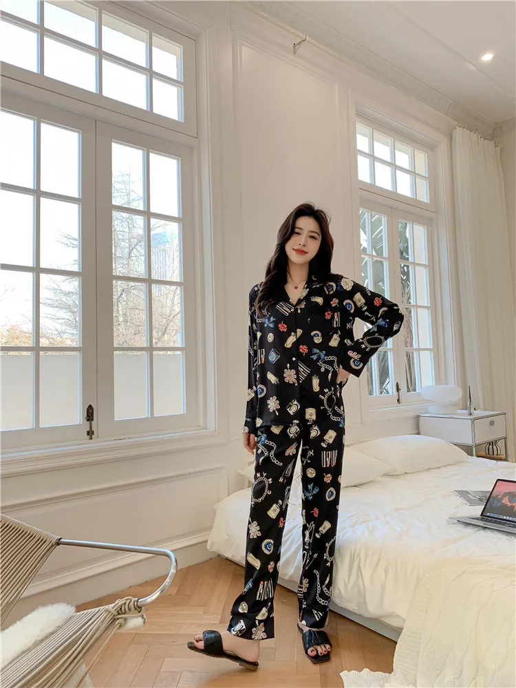 cute pj sets New ice silk pajamas women's simple printing loose long-sleeved trousers pajama set nightwear set for ladies