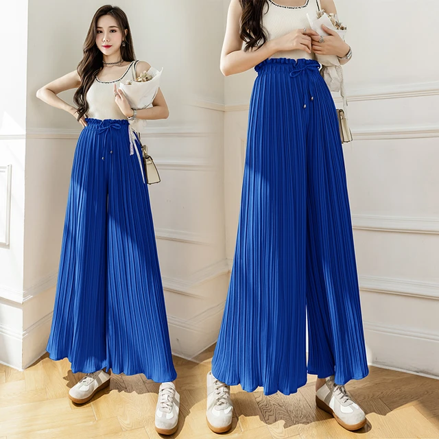 SDCVRE Pantalones de chándal de Mujer Primavera Verano Coreano Plisado Gasa  Pantalones Faldas Mujer Cintura Alta Dama Pantalones Faldas Sueltas Casual  Pantalones Anchos Nuevo,Azul,M : : Moda