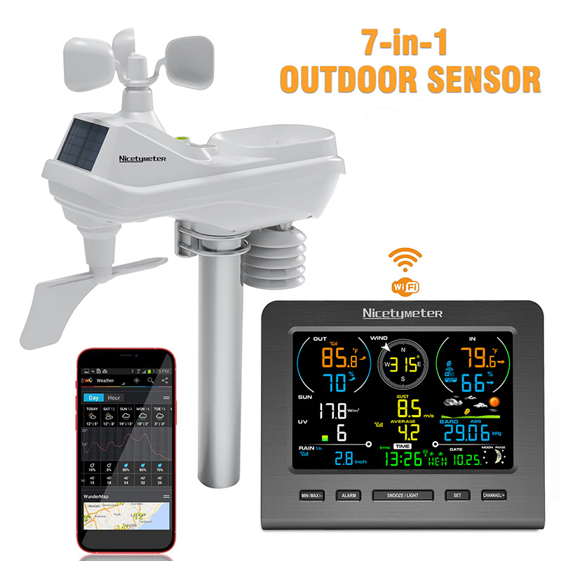 Sbf9a2e88e7c243acae6df25b7acd41c2f 7 in 1 WiFi Weather Station Indoor Outdoor Remote Monitoring Temperature Humidity Wind Speed Rain Wireless Console Forecast Data
