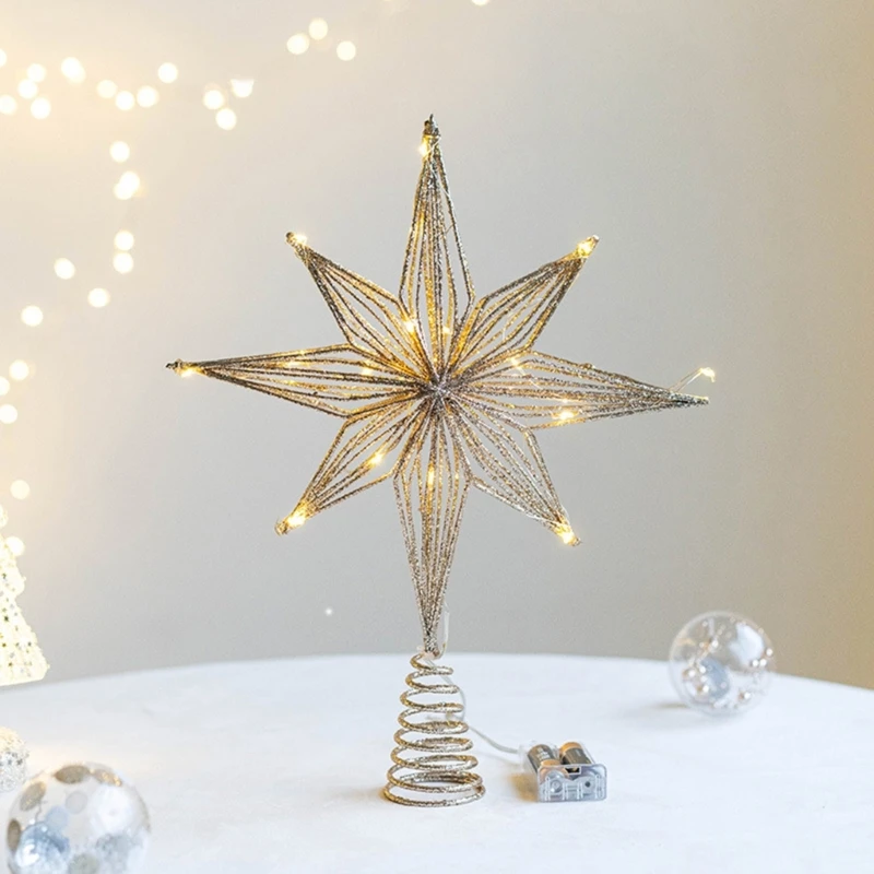 Christmas Tree Toppers Star with LED String Lights Ornaments for Christmas Home Party Decoration Festival Party New Year