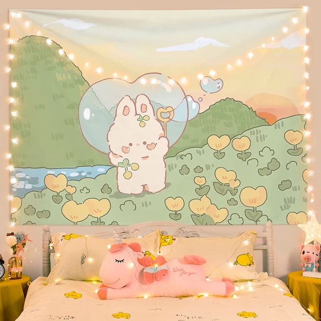 Kawaii Sanrio Hello Kitty Tapestry My Melody Cinnamoroll Kuromi Cartoon  Cute Textile Wall Covering Cute Girl Living Room Decor