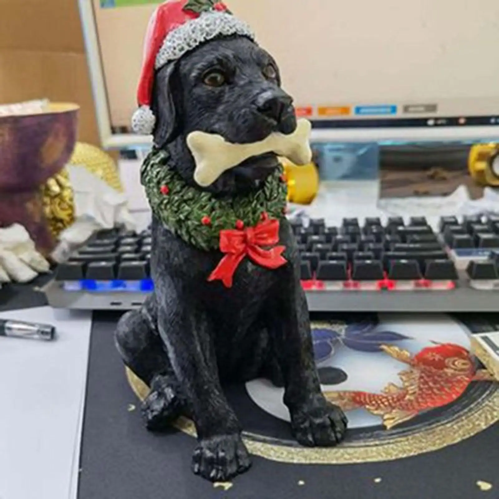 Creative Christmas Dog Statue Collectible Decorations Dog in Hat for Wedding