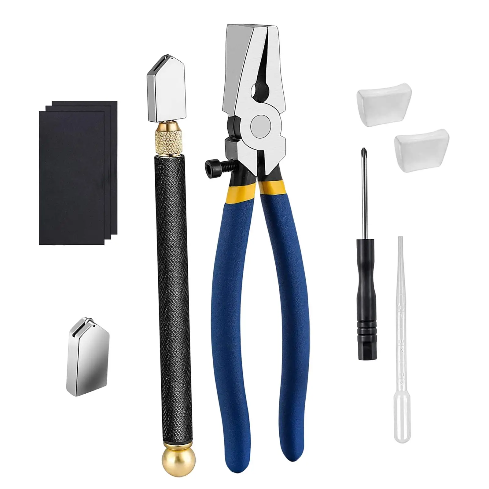 10x Glass Cutting Tool Kit and Oil Dropper with Extra Replacement Head Breaking Plier for Stained Glass Mosaics
