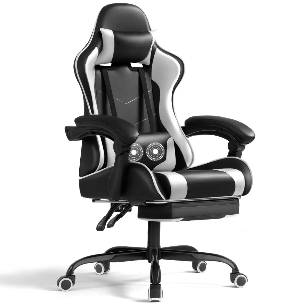 A cozy cushioned headrest on a black and white gaming chair.