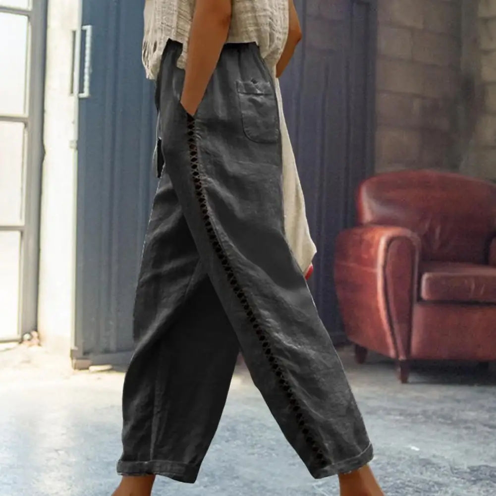 Женские брюки с боковым вырезом, Дизайнерские однотонные брюки до щиколоткис эластичной талией и карманами, декоративные хлопковые льняные летние брюкина завязках