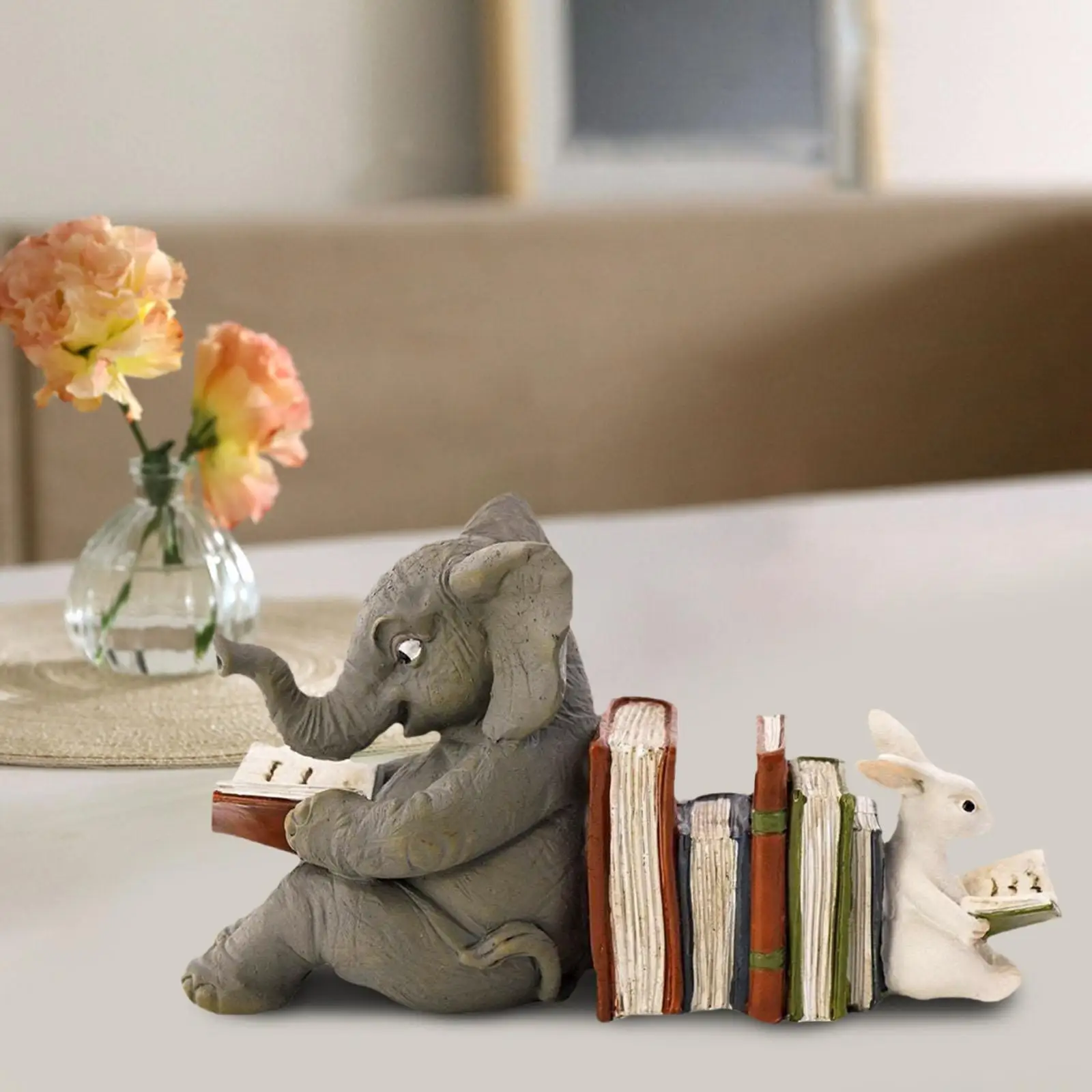Cute Elephant and Rabbit Statue Ornaments Art Crafts Resin Animal Figurines for Tabletop Home TV Cabinet Garden Xmas Decoration
