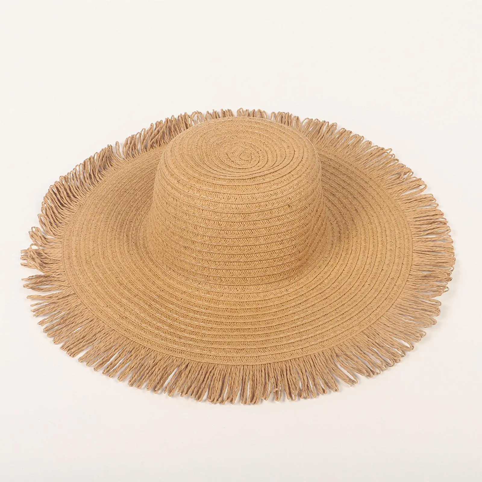 Straw Sun Hat, Sun Protective Wide Tassels Brim 18