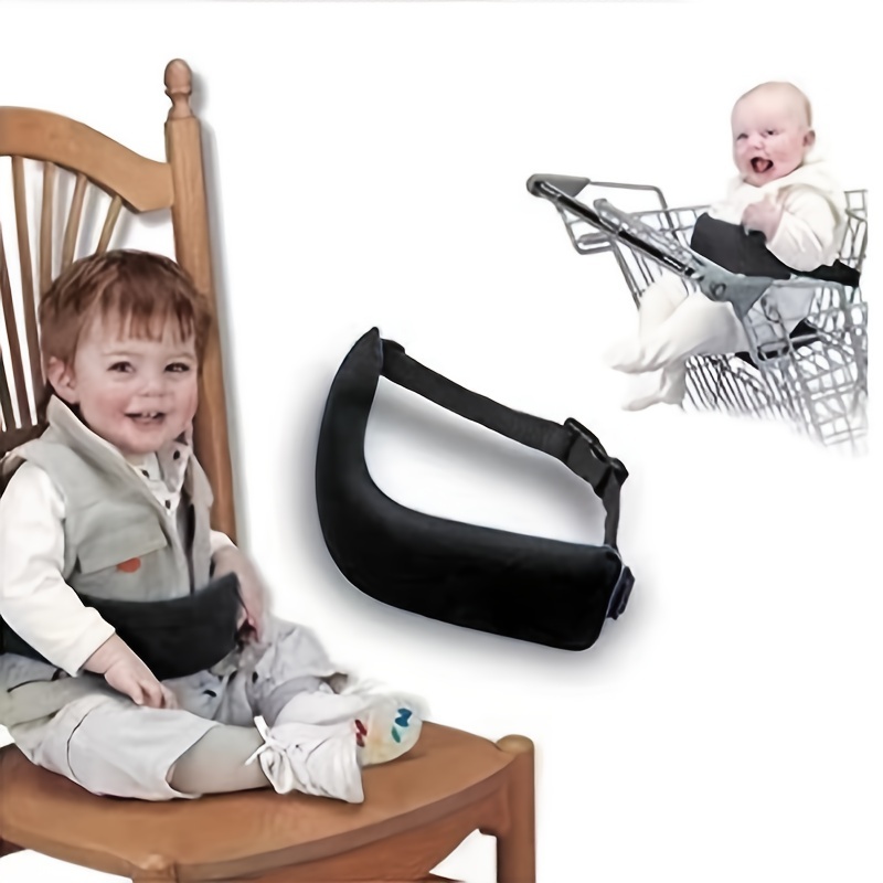 A toddler sits on a wooden chair secured with the High Chair Security Straps, a Universal Baby Safety Strap and Highchair Harness for infants and toddlers. In the background, a baby in a shopping cart seat is also secured with an identical harness. An image of the straps is featured between the two scenes.