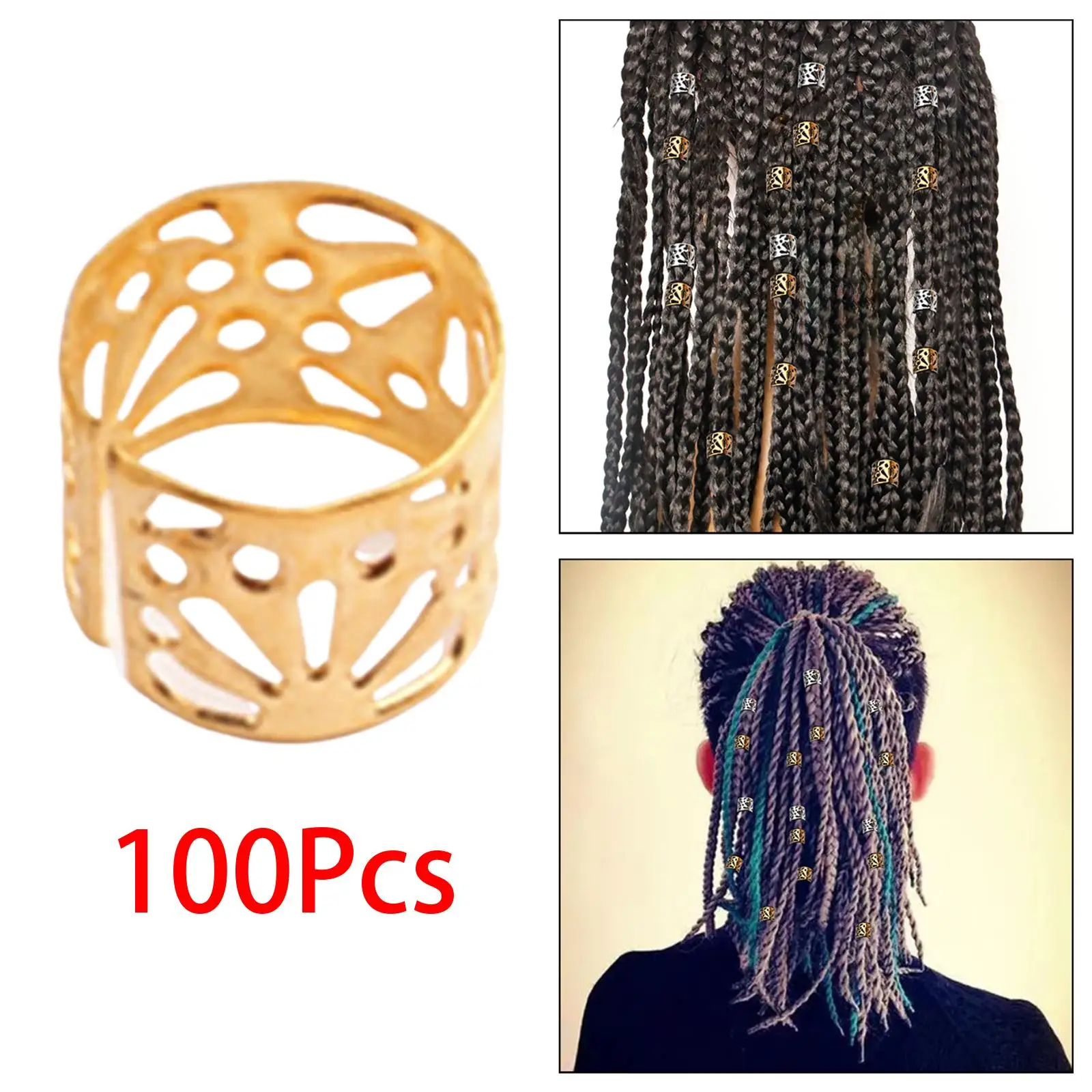 100x Dreadlocks Beads Hair Accessories, Hollow Pattern Opening Metal Clips Cuffs Rings Hair Braid Rings Clips, Beard Decoration