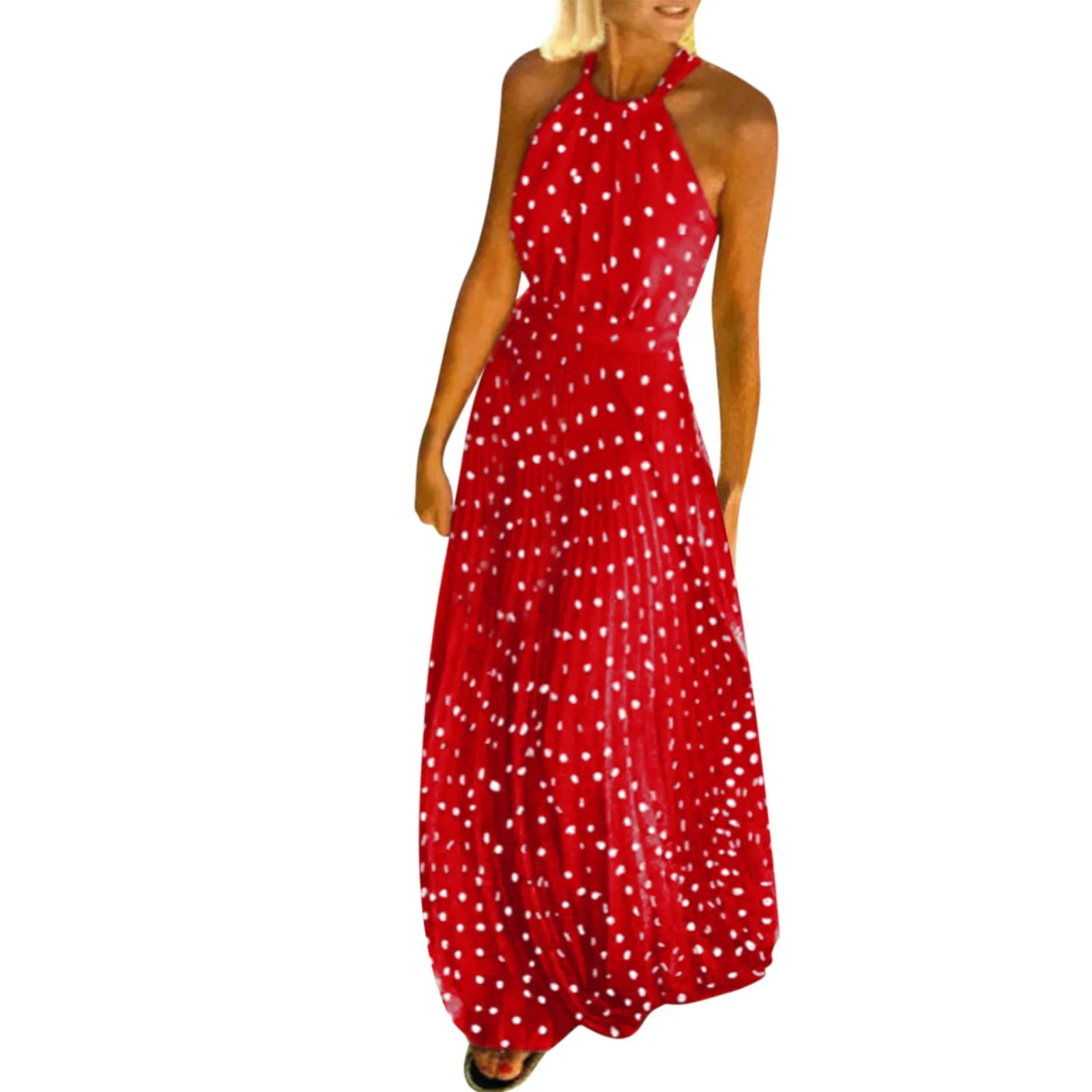 Pin Dot Pleated Long Dress