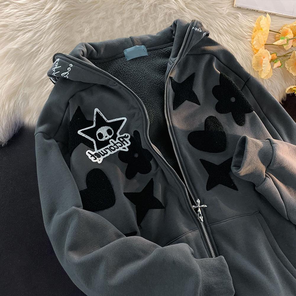 Zip Hoodie Women | New Style Cute Cartoon Beige Fleece Hoodie Women