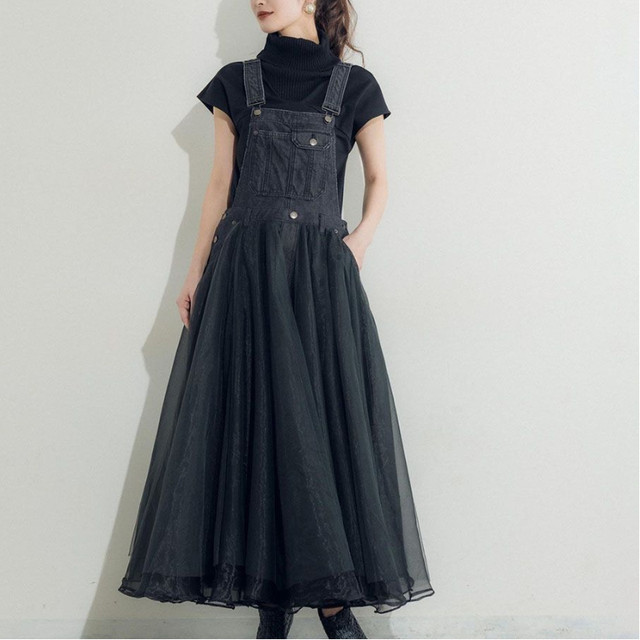 Robe en denim patchwork à bretelles en maille décontractée pour