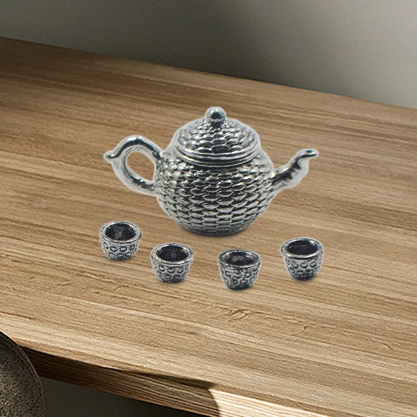 Dollhouse Teapot Set Metal Kitchen Accessories Miniature Tea Cups Set for Wine Coffee
