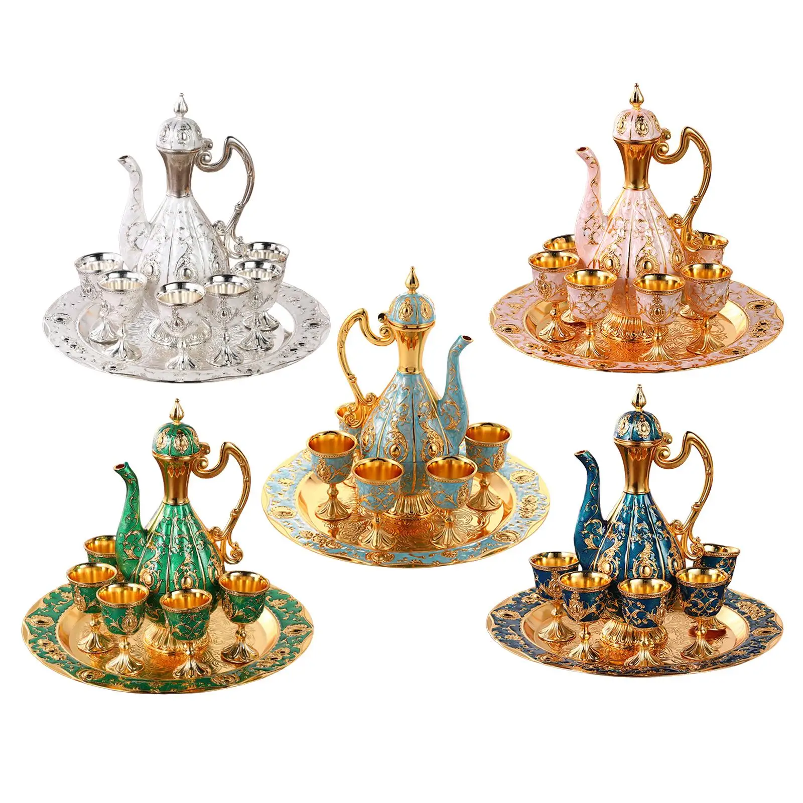 Luxury Turkish Coffee Pot Set Teapot Set with Tea Cup Drinkware Storage Tray for Table Dining Room Home Cabinet Decoration