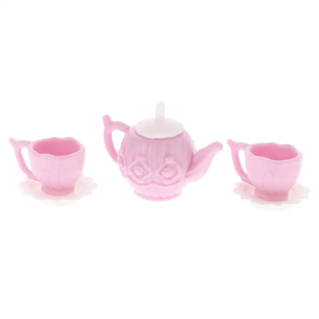 10 Sets of Dollhouse Miniature Plastic Pink Teapot with 2 Cups of Dishes