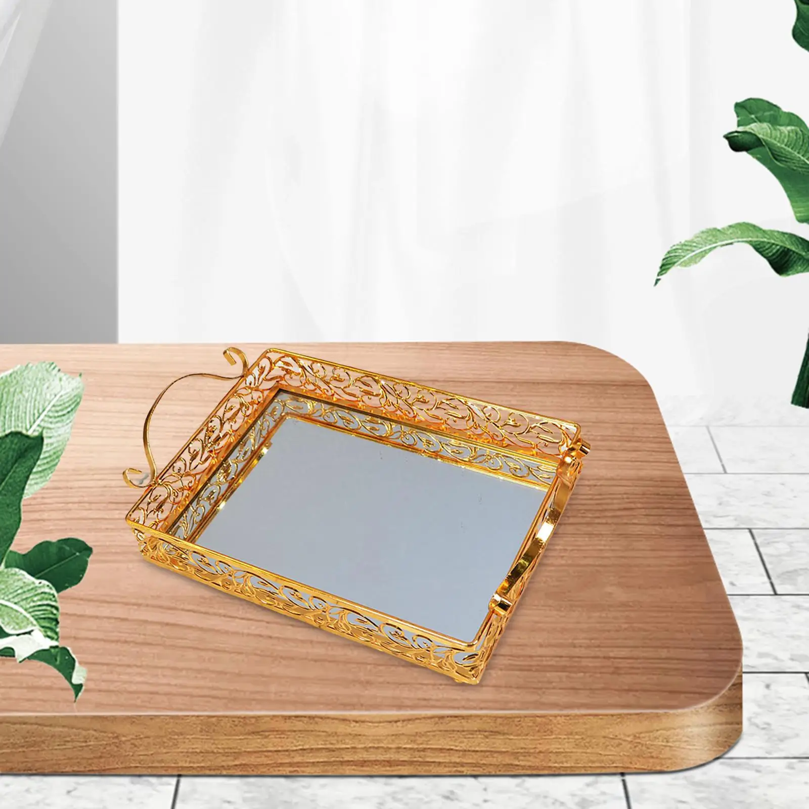 Mirror Decorative Tray with Side Rails Storage Tray Ornate Dresser Organizer Tray for Countertop Home Bedroom Living Room Decor