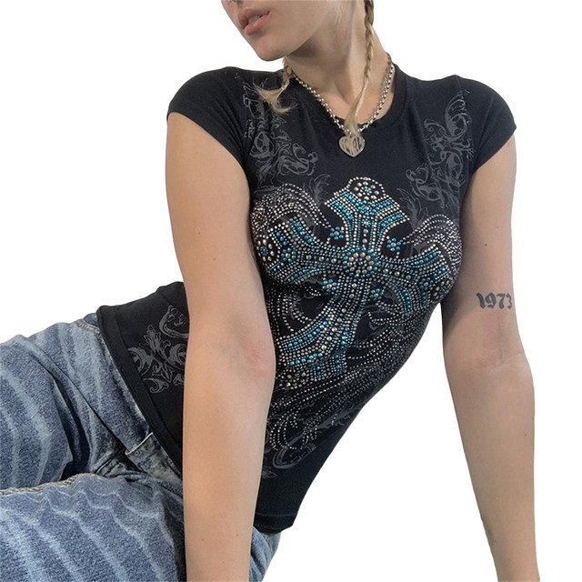 Women Y2K Rhinestone Cross T-shirt Short Sleeve Round Neck Retro