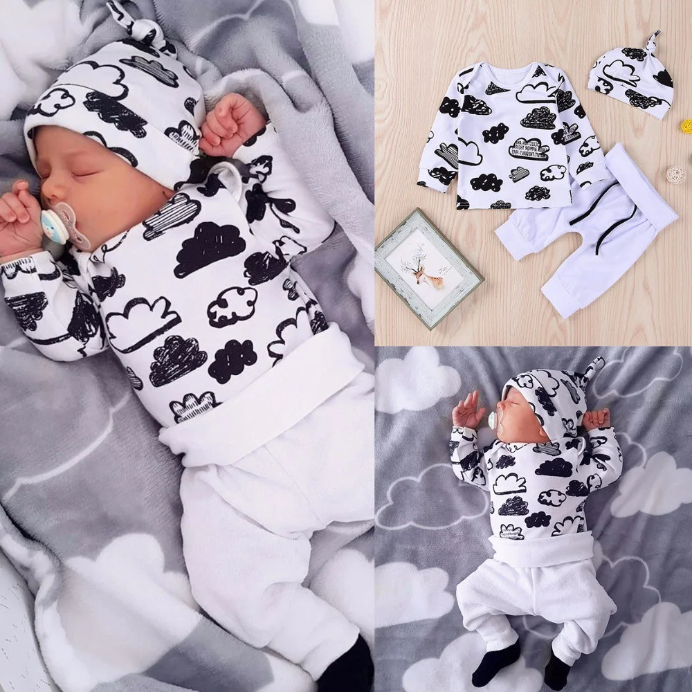 Ropa para bebé recién nacido de 0 a 3 meses, conjunto para bebé de 3 piezas, Top de manga larga con estampado de nubes + pantalón con sombrero, traje de otoño| | AliExpress