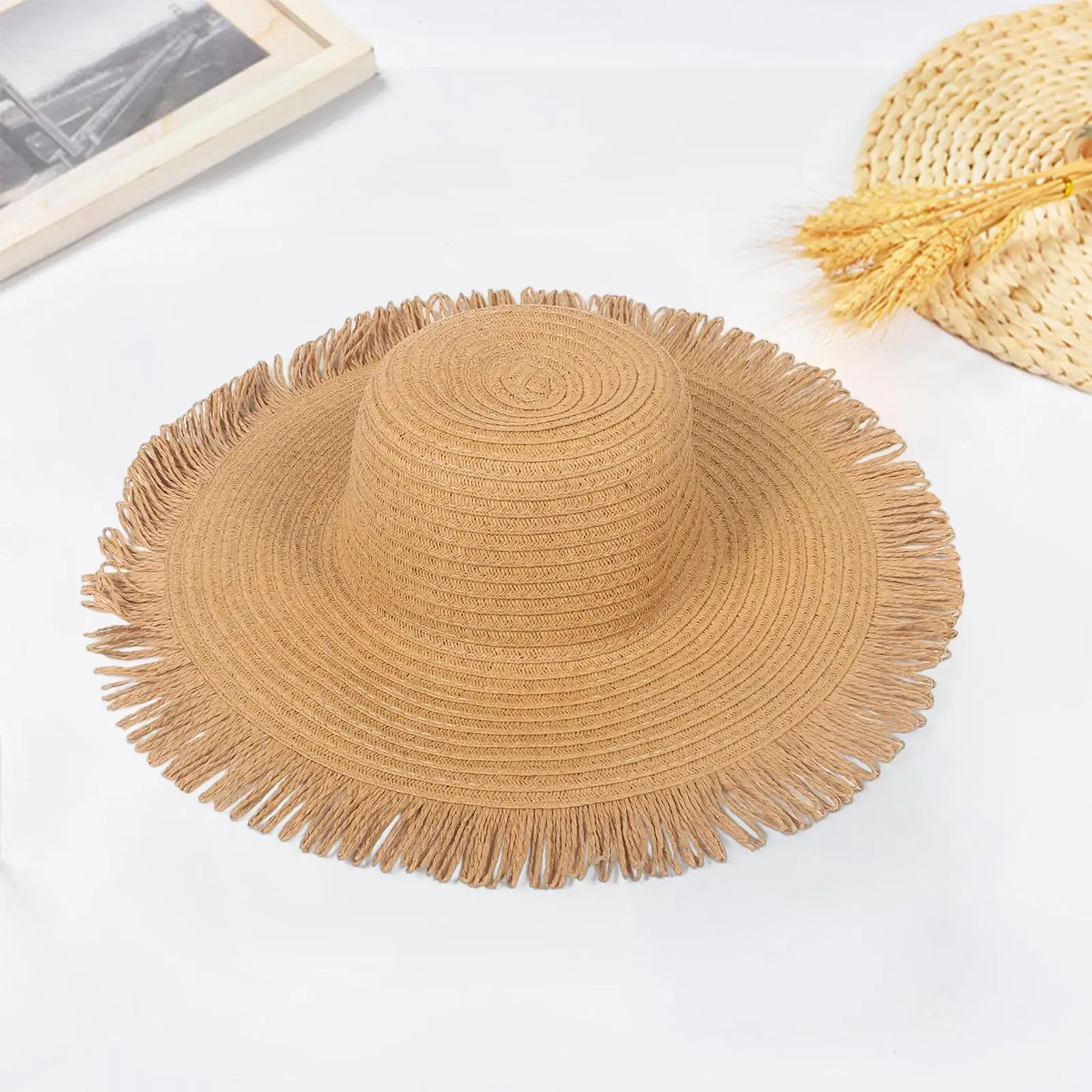Straw Sun Hat, Sun Protective Wide Tassels Brim 18