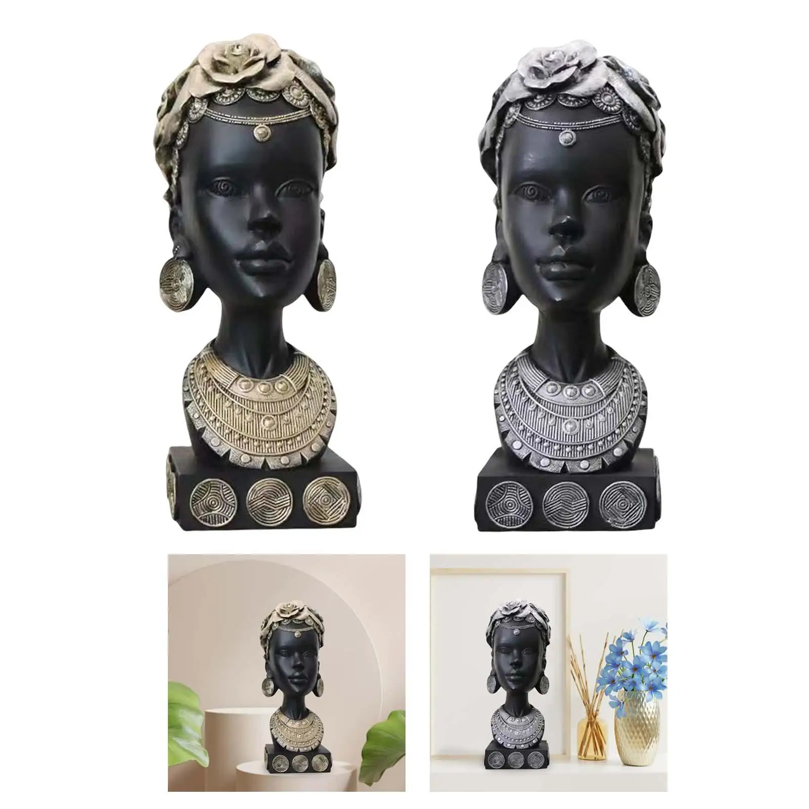 Novelty African Woman Head Statue Female Bust Art Sculpture Lady Figurine Stylish for Home Hotel Bedroom Birthday Desktop