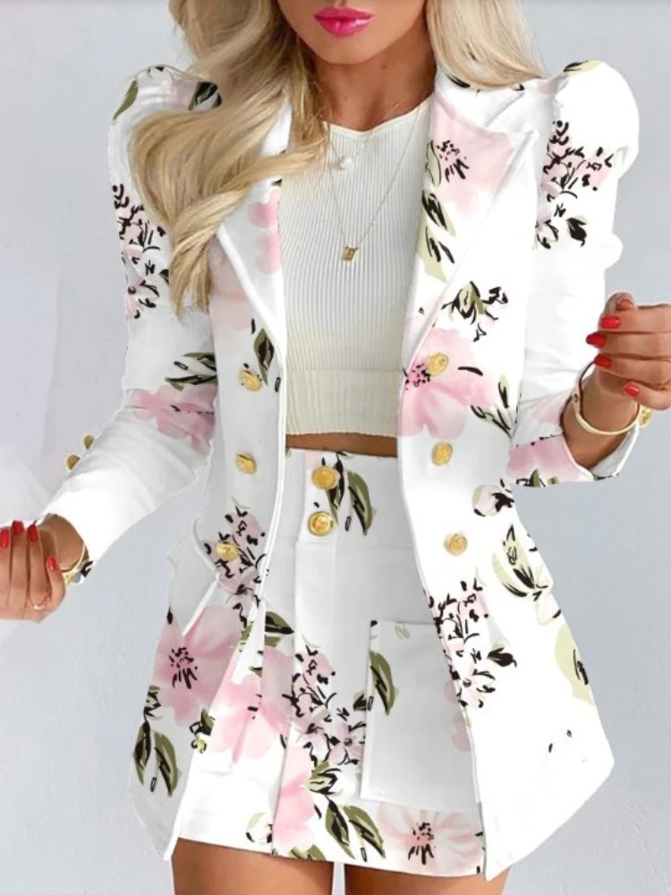Women's Spring Long Sleeve Solid Color Jacket with Mini Skirt Two-piece Suit Tailleur Femme Blazer and Set Dress Free Shipping