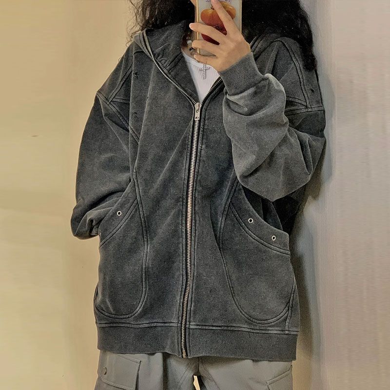 Description Picture 6 of itemHigh Street Y2k Jackets Hooded Pockets Zipper Solid Color Long Sleeve Coats Harajuku Vintage Autumn Casual Loose Women Clothing