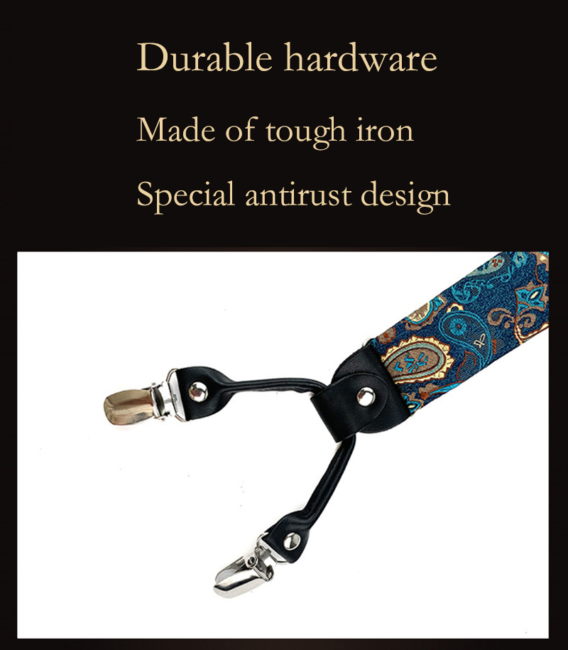 VEEKTIE Brand Suspender For Men 6 Snap Hooks Y-back Adjustable Jacquard Floral Check Shirts Paisley Yellow Blue Vintage Retro