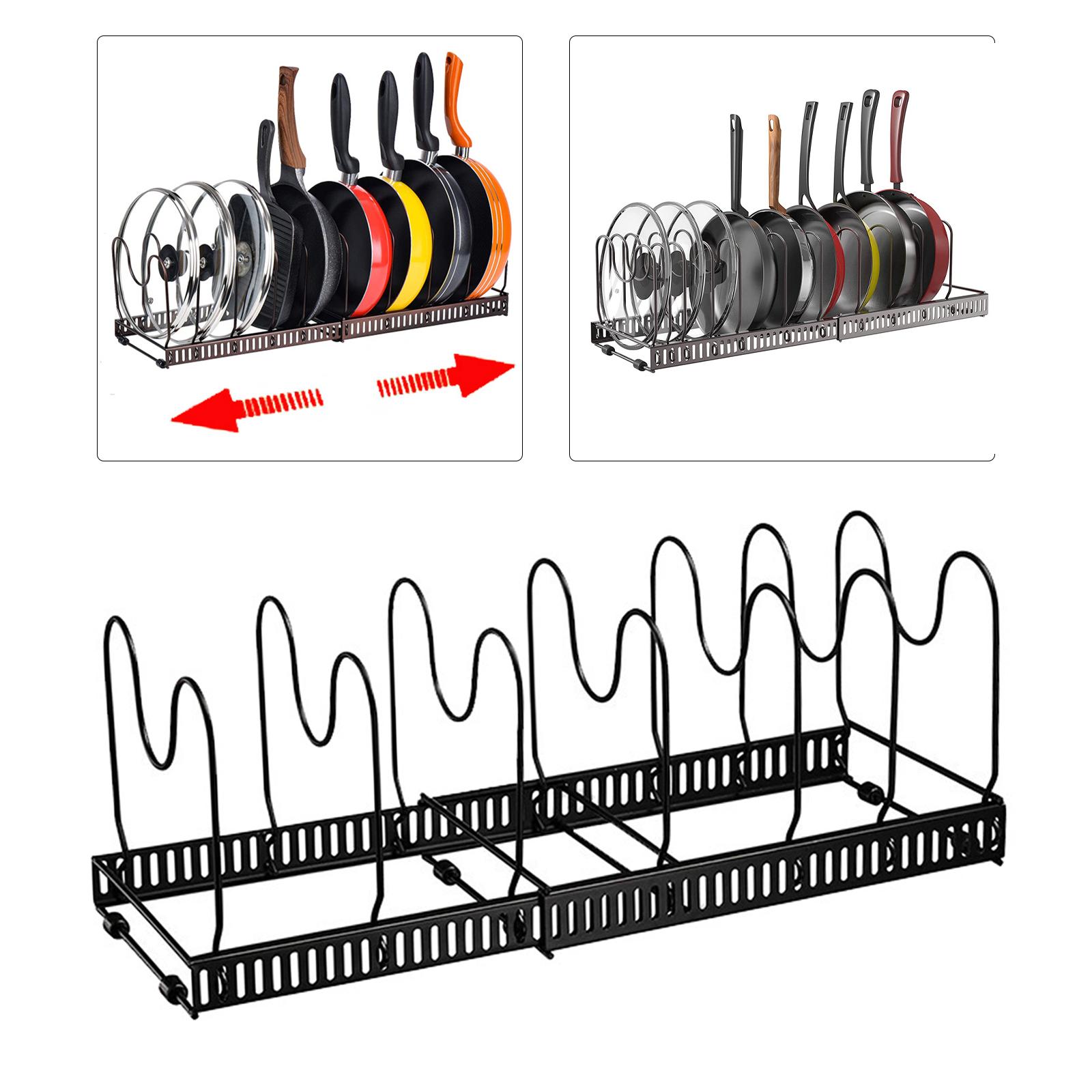 Pot Rack Cookware Adjustable with 2 DIY Methods Pan Organizer Pot Lid 7 Dividers for Kitchen Dish Skillet Cupboard Pantry