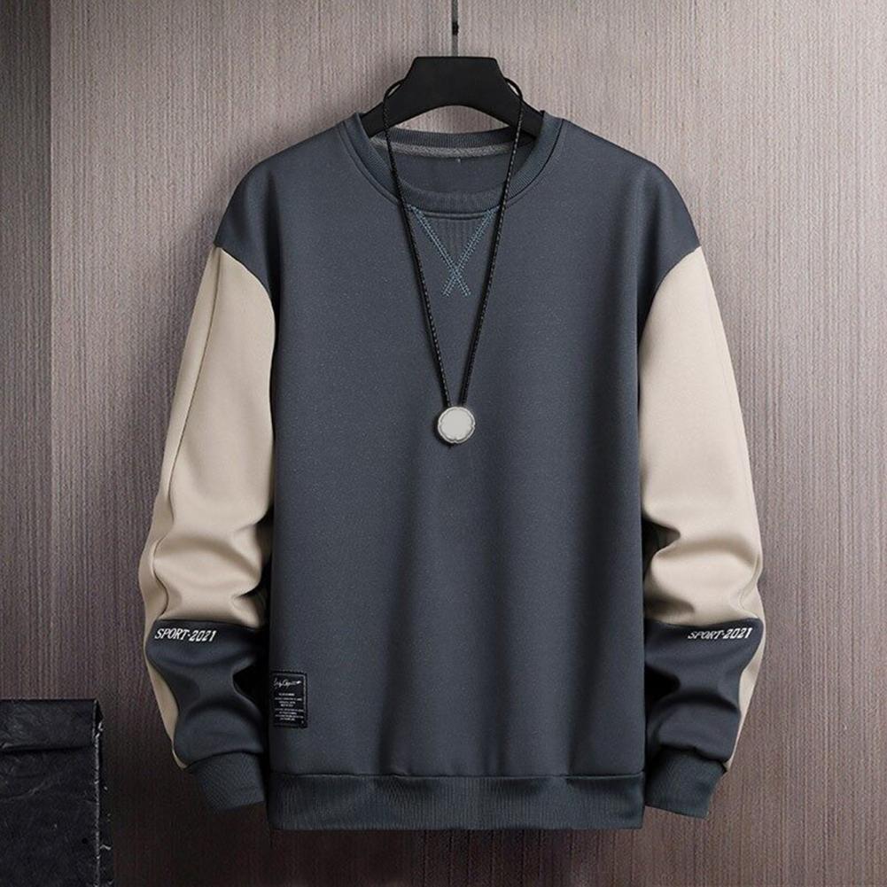 Description Picture 5 of item1Pc Men Pullover Sweatshirt Loose Fit Men Round Neck Sweatshirt Warm Comfortable Men's Colorblock Padded Sweatshirt for Autumn