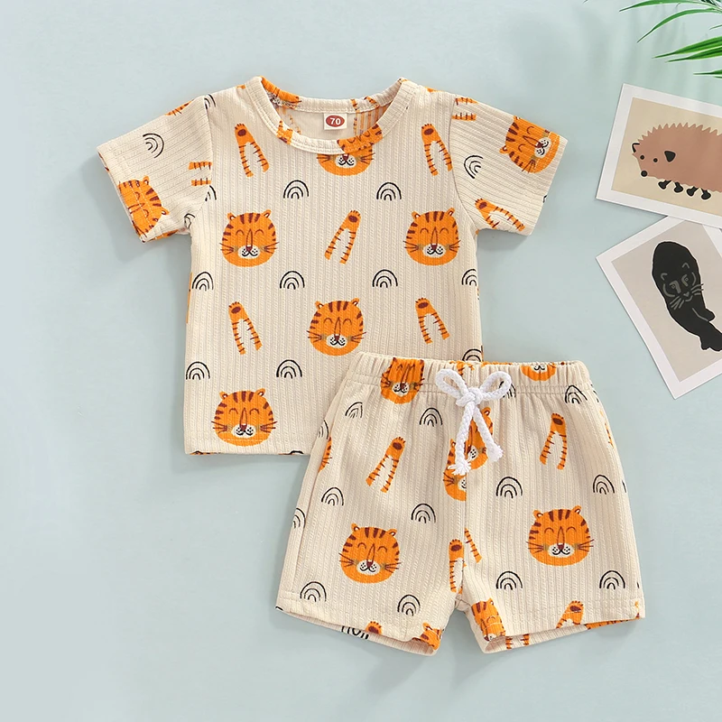 baby clothes set gift Summer Toddler Baby Boys Girls Clothes Sets Ribbed Knitted Cartoon Animal Print Short Sleeve T-shirts+Drawstring Shorts Outfits baby's complete set of clothing