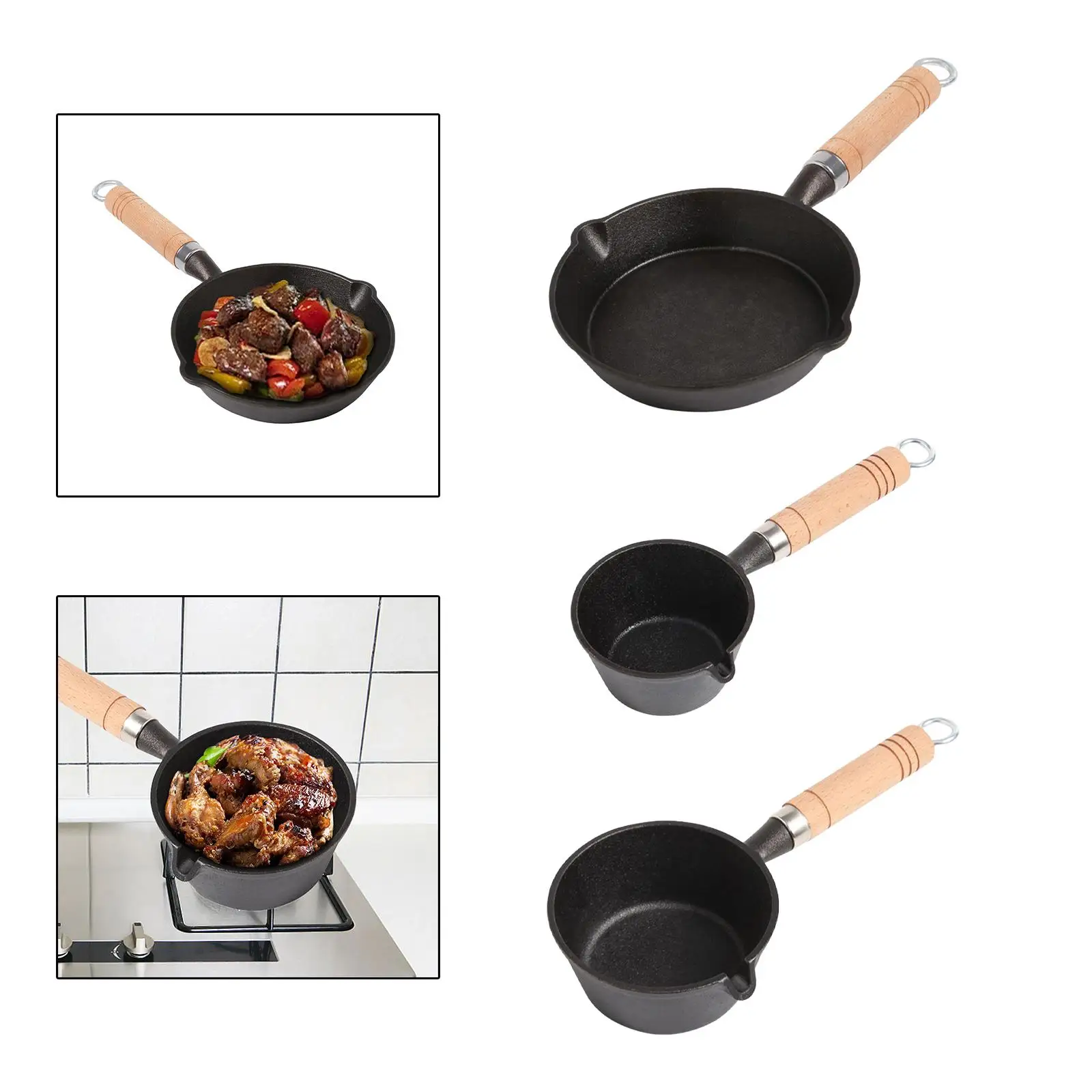 Mini Cast Iron Skillet Pan Small Omelette Pan Cooking Pan Portable Black Durable Double Sided Pouring Spout Design Wooden Handle