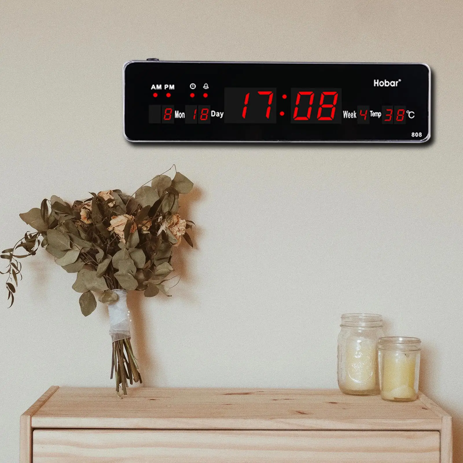 Large Wall Digital Clock with Date Time Week Indoor Temperature Calendar Mute LED Alarm Clocks for Living Room Home and Office