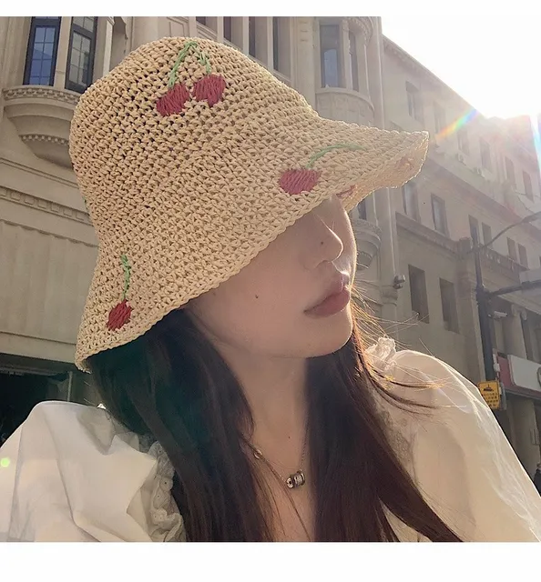 New 2022 Japan Korea Crochet Beach Straw Hat Women Summer Cherry