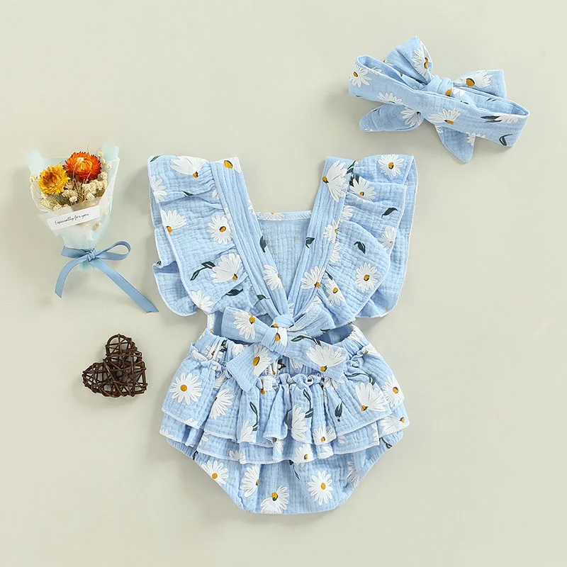 Newborn Baby Summer Clothes Girls Two-piece Layette Floral Print Fly Sleeves Romper And Headdress Blue Pink Children's Clothing baby clothing set red	