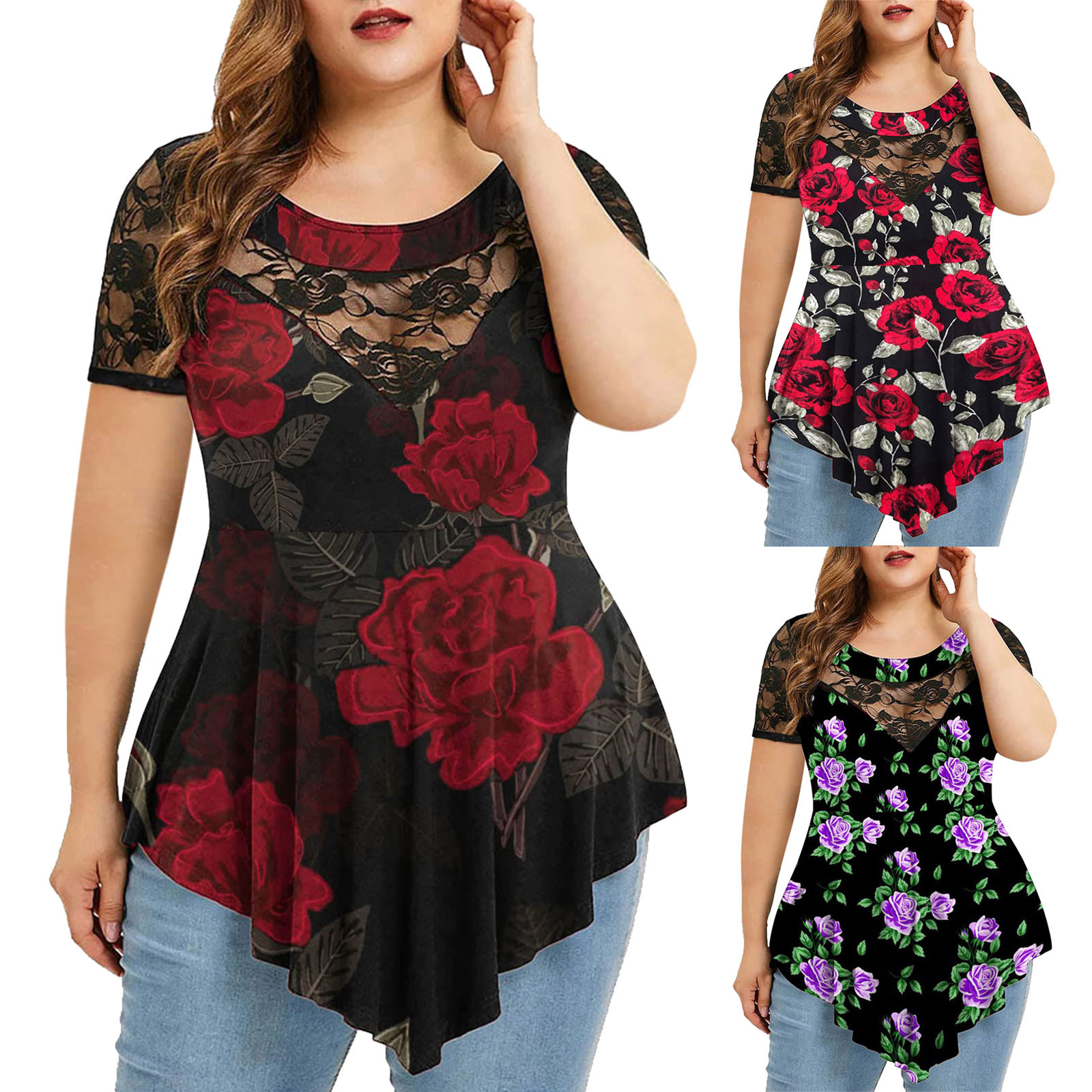 plus size camisas das mulheres verão manga curta blusa senhoras casual vestido pescoço túnicas rendas topos flores impressão camisas femininas