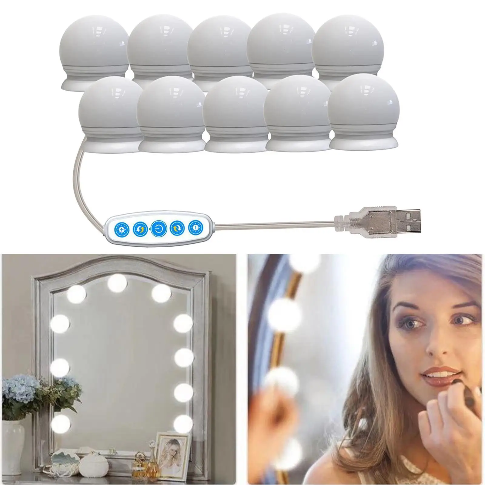   Makeup Lighted Vanity Mirror Lights 10 LED Bulbs Dimmable Tabletops